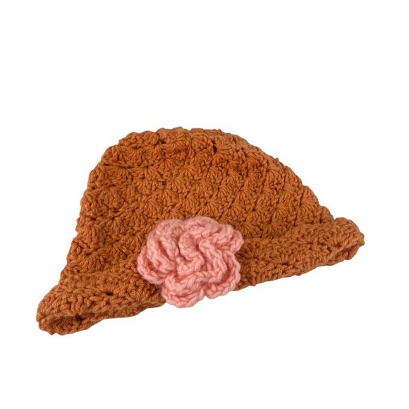 Handcrafted Crochet Baby Hat With Pink Flower Accent In Soft Brown - Picture 5 of 7